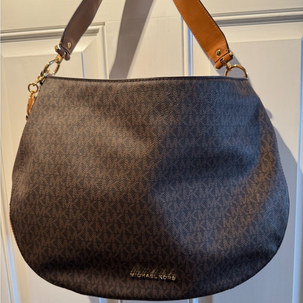 Michael Kors Brown and Tan Hobo Bag with Monogram Pattern